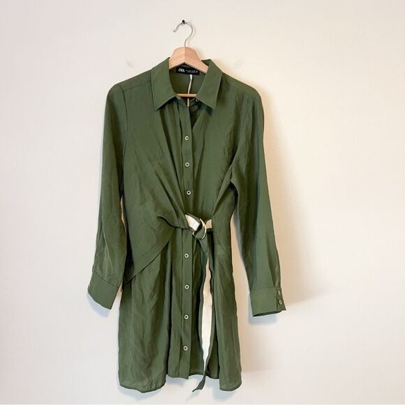 Zara Belted Mini Shirt Dress Size Large in Green Blogger Favorite Long Sleeve - Picture 4 of 9